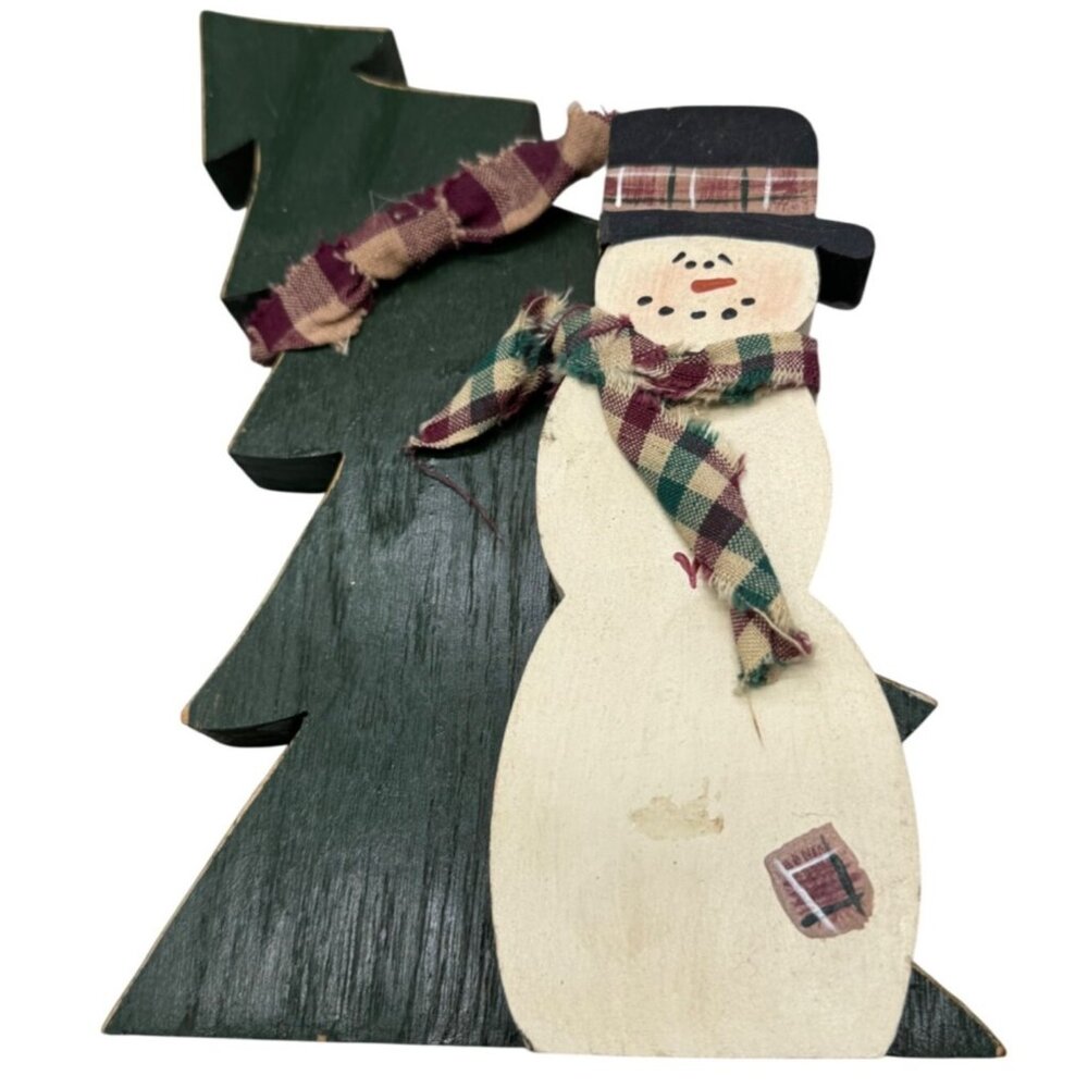 Handmade Wooden Snowman & Christmas Tree Holiday Decor 9.5" Tall READ